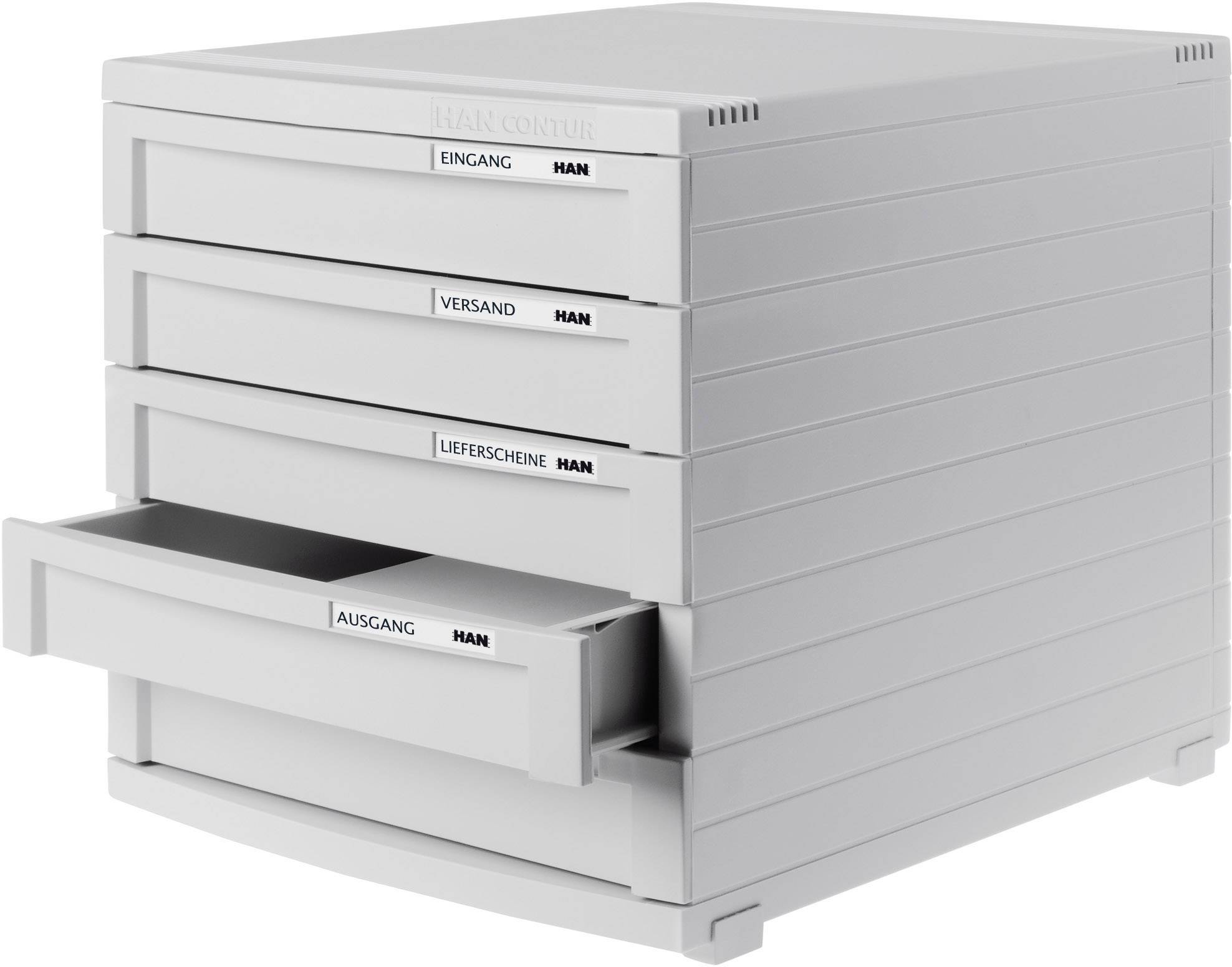 Grau-weißer Schubladenorganizer mit vier Fächern, beschriftet mit 'Eingang', 'Versand', 'Lieferscheine', 'Ausgang'; ein Fach offen.
