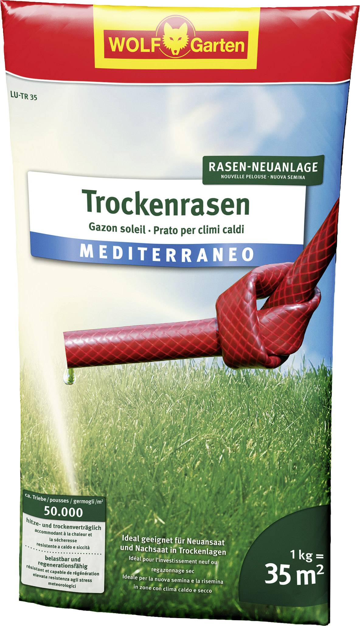 Tüte mit Samen der Marke WOLF. Aufschrift 'Trockenrasen'. Geeignet für warme Klimazonen. Inhalt reicht für 35 m².