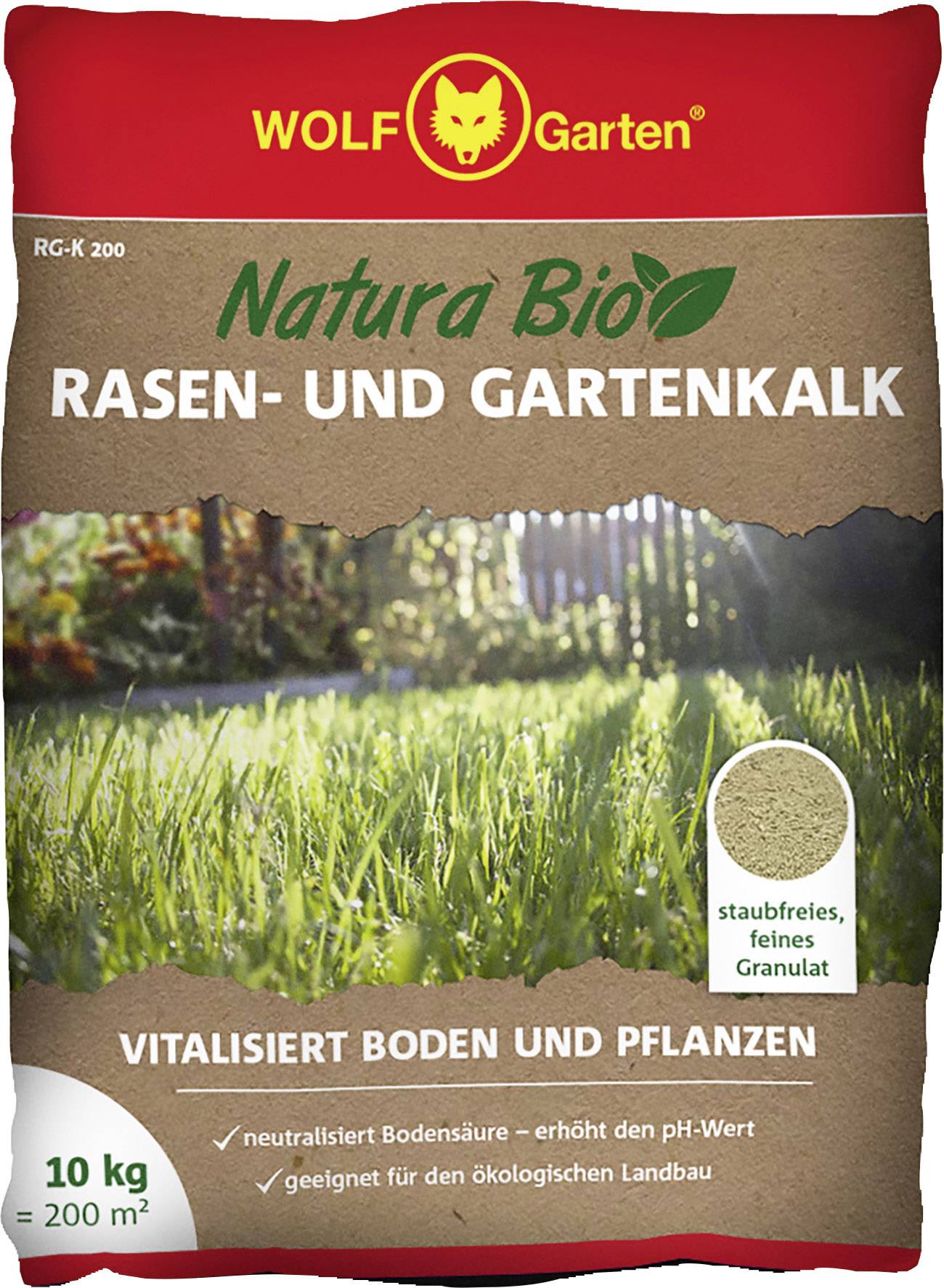 'WOLF-Garten Natura Bio Rasen- und Gartenkalk' Verpackung mit Bild von grünem Rasen. Hinweise: staubfreies Granulat, neutralisiert Bodensäure, 10 kg = 200 m². Geeignet für Öko-Landbau.
