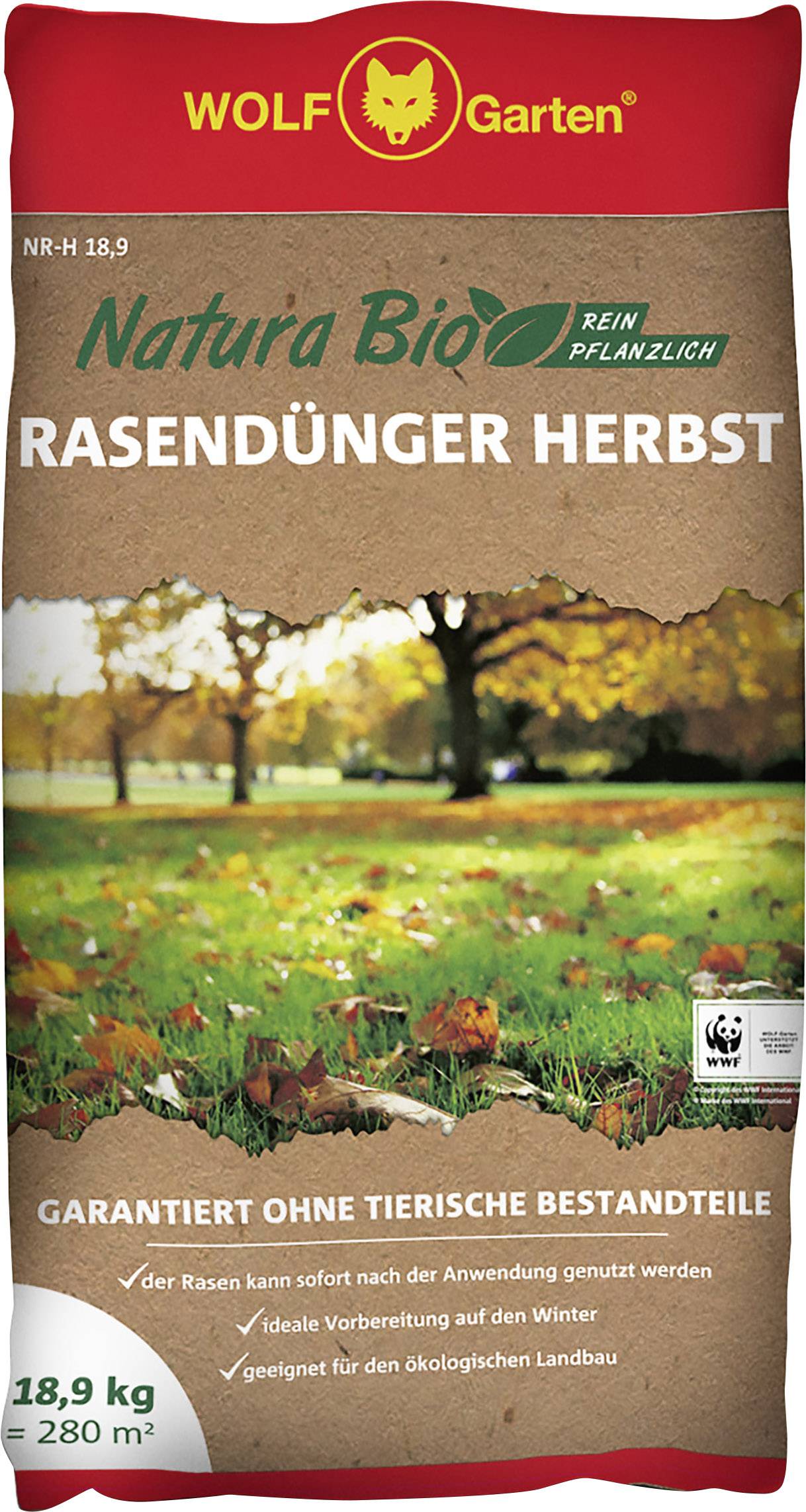 'WOLF-Garten Natura Bio Rasendünger Herbst': Bio-Rasendünger für Herbst; ohne tierische Bestandteile; geeignet für ökologischen Landbau; 18,9 kg für 280 m².