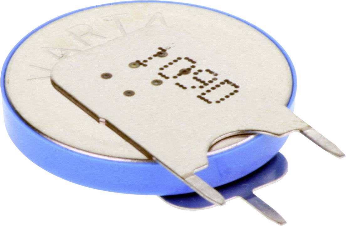 Knopfzellenbatterie mit blauer Umhüllung und Metalllaschen zur Befestigung oder Verbindung mit einem Gerät.