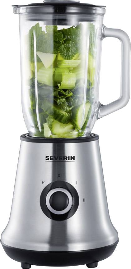 Ein silberner Mixer gefüllt mit grünem Gemüse, mit dem Markennamen 'Severin'.