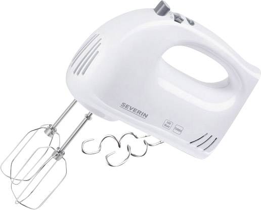 Ein weißer Handmixer mit zwei Quirlen und zwei Knethaken liegt auf der Seite. Er hat eine ergonomische Form und Bedientasten oben.