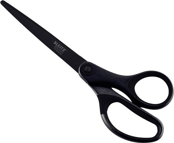 Schwarze Schere mit ergonomischen Griffen, geeignet zum Schneiden von Papier.