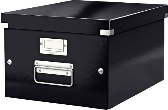 Schwarze Archivbox mit Metallgriff und Etikettenhalter an der Vorderseite, ideal zur sicheren Aufbewahrung von Dokumenten.
