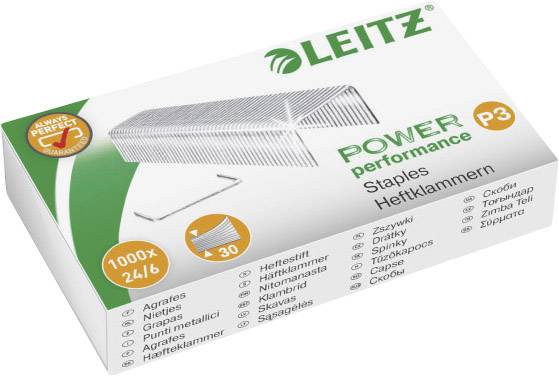 Schachtel mit Leitz Heftklammern, 1000 Stück, 24/6, Produktname 'Power Performance P3' in verschiedenen Sprachen.