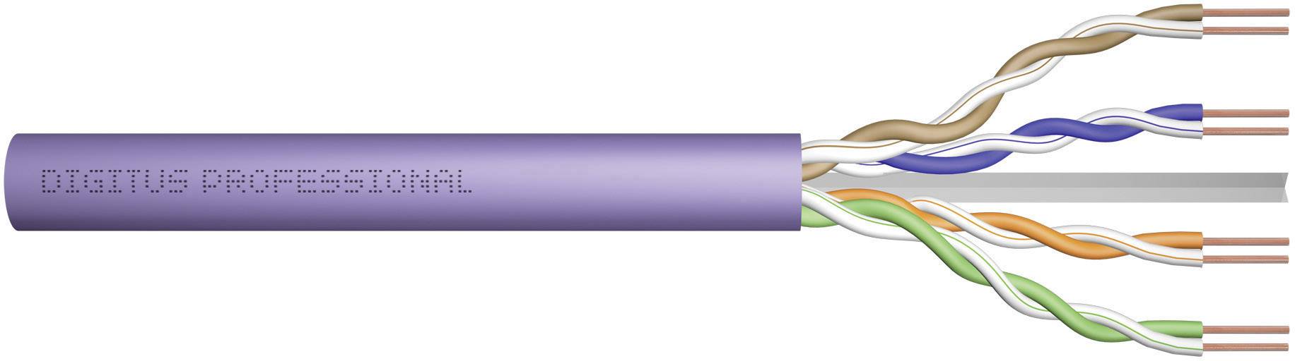 Lila Netzwerkkabel mit Aufschrift 'Digitus Professional'. Zeigt vier verdrillte Kabelpaare in verschiedenen Farben ohne Stecker.
