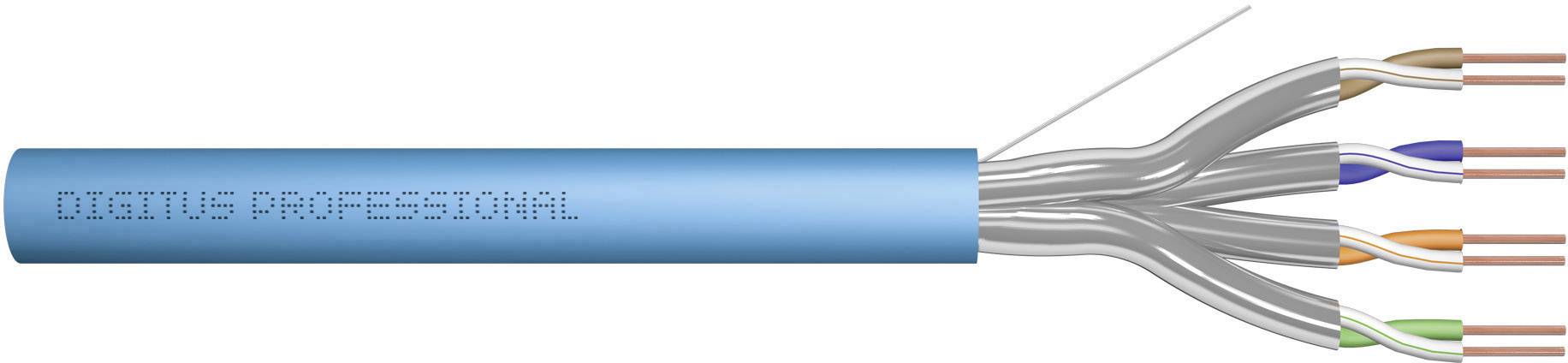 CAT6A-Kabel, blau, mit sichtbaren Aderpaaren in Weiß, Orange, Grün und Blau, geeignet für Hochgeschwindigkeits-Datenübertragung.