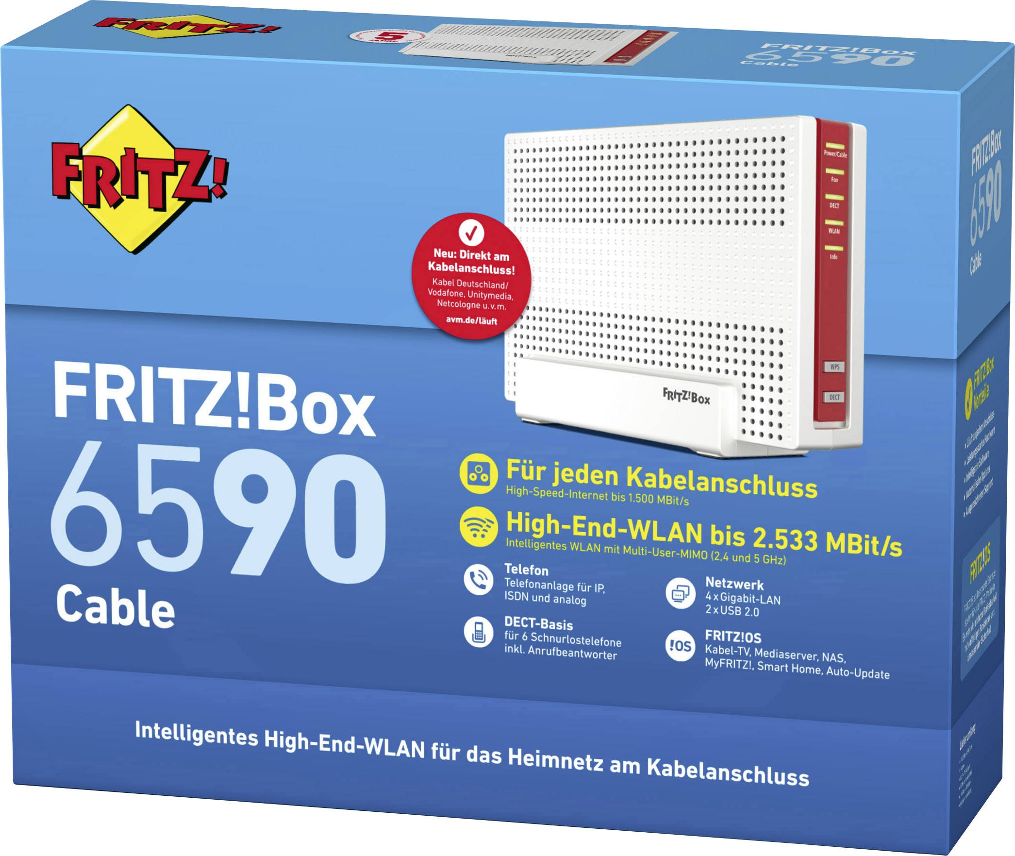 AVM FRITZ!Box 6590 Cable WLAN Router mit Modem Integriertes Modem: Kabel 2.4GHz, 5GHz 2.5 GBit/s