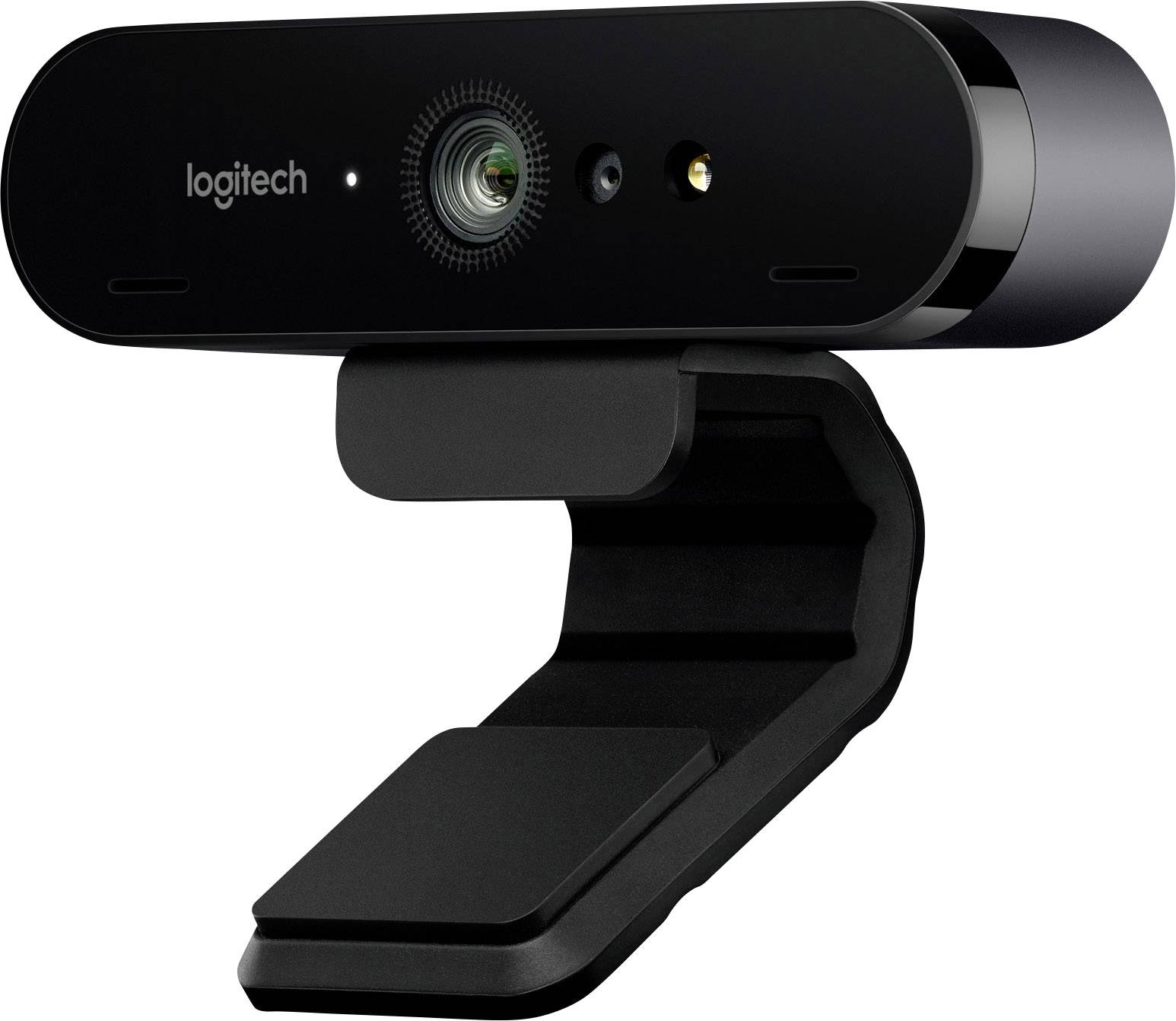 Schwarze Logitech-Webcam mit Standfuß, geeignet für Videoanrufe und Streaming. Enthält Linse, Mikrofon und Befestigungsclip.