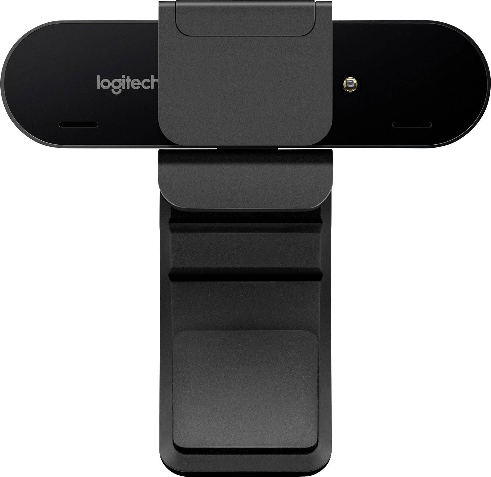 Schwarze Logitech-Webcam mit einstellbarem Clip zur Montage.