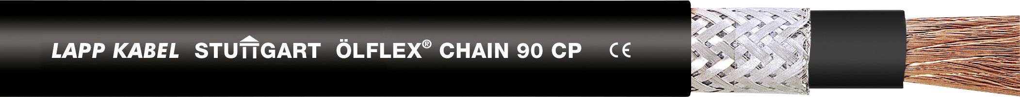 Schwarzes Kabel mit Beschriftung 'Lapp Kabel Stuttgart Ölflex Chain 90 CP'. Zeigt detailreiche Isolierung und Kupferdrähte.