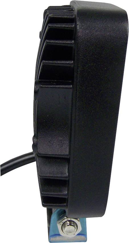 Seitliche Ansicht eines schwarzen Gehäuses mit Kabel, montiert auf einer blauen Halterung mittels Schraube.