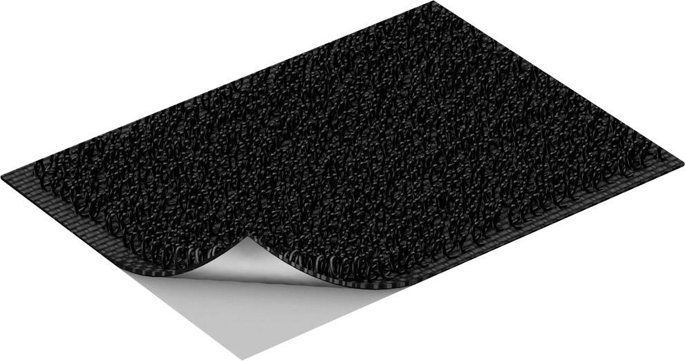 Eine schwarze Bodenmatte mit texturierter Oberfläche, an einer Ecke leicht hochgeklappt, zeigt eine weiße Unterseite.