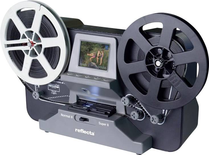Ein Filmprojektor mit zwei großen Spulen zeigt ein Bild auf einem digitalen Display. Der Projektor ist für Normal 8 und Super 8 Filme.