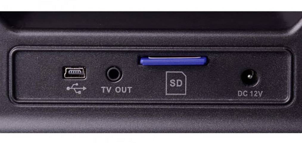 Nahaufnahme von Anschlüssen: Mini-USB, TV-Ausgang, SD-Kartensteckplatz und DC 12V-Stromanschluss.