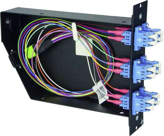 Faseroptik-Patchpanel mit mehreren mehrfarbigen Kabeln und Steckverbindern, montiert in einem schwarzen Gehäuse.