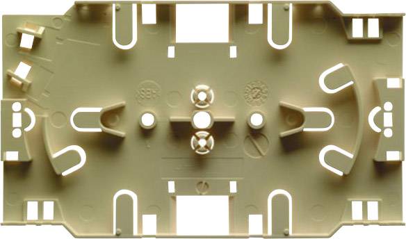 Braune Kunststoffplatte mit Aussparungen und Clips. Wahrscheinlich eine Halterung oder Montageplatte für technische Geräte.