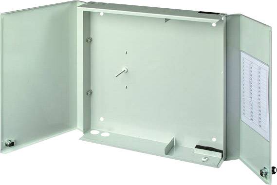 Metallbox mit zwei offenen Türen und mehreren Montagepunkten. Geeignet zur Unterbringung elektrischer oder technischer Geräte.