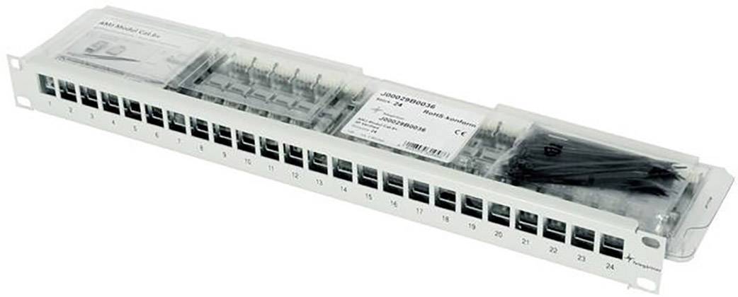 Patchpanel mit 24 Ports, geeignet für Netzwerkverkabelung. Marken- und Modellinformationen auf Etikett sichtbar.