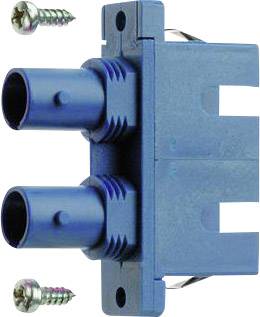 Blaues Kunststoffbauteil mit zwei Öffnungen und seitlichen Aussparungen, flankiert von zwei silbernen Schrauben.