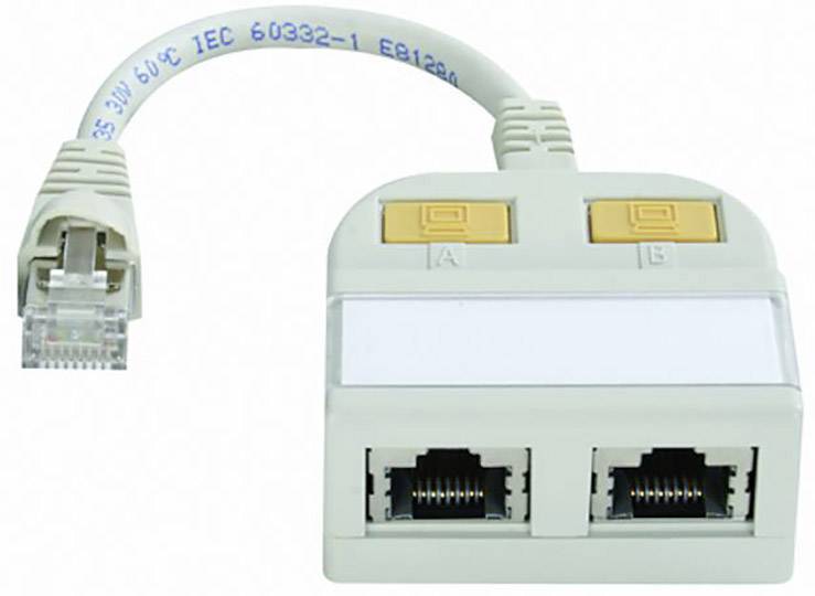 Ein Ethernet-Splitter mit einem Kabel und zwei RJ45-Anschlüssen, die mit 'A' und 'B' gekennzeichnet sind.