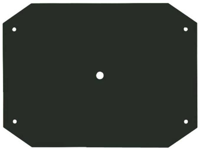 Ein rechteckiges Metallblech mit abgeschrägten Ecken und Löchern an jeder Ecke sowie einem Loch in der Mitte.