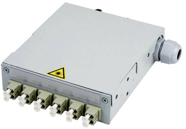 Grau-weißer LWL-Spleißverteiler mit vier LC-Anschlussbuchsen und einem Warnsymbol für Laser. Geeignet für Netzwerkinstallationen.