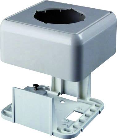 Ein rechteckiger, grauer Kunststoffhalter mit einem runden Ausschnitt oben. Er ist für die Montage von Geräten oder Zubehörteilen vorgesehen.