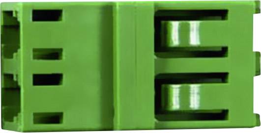 Grüner Steckverbinder mit mehreren Steckplätzen, seitliche Ansicht. Verwendet für elektrische Verbindungen in elektronischen Geräten.