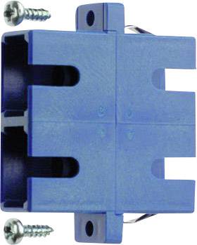 Ein blauer elektrischer Steckverbinder mit Metallklammern und zwei beiliegenden Schrauben zur Befestigung.