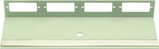 Metallregalhalterung mit vier rechteckigen Aussparungen und einem zentralen runden Loch, grüne Oberfläche, seitliche Befestigungslöcher.