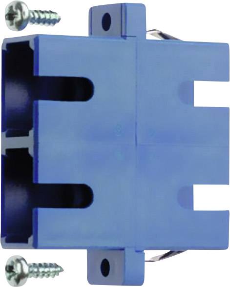 Ein blaues elektrisches Anschlussmodul mit zwei Schrauben zur Befestigung, vermutlich zur Installation in einem elektrischen System.