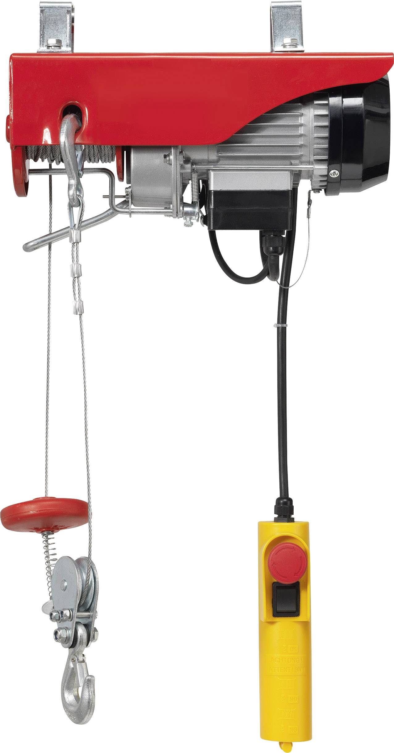 Elektrische Seilwinde mit rotem Gehäuse, Haken und gelber Fernbedienung. Ideal zum Heben schwerer Lasten in Werkstätten.