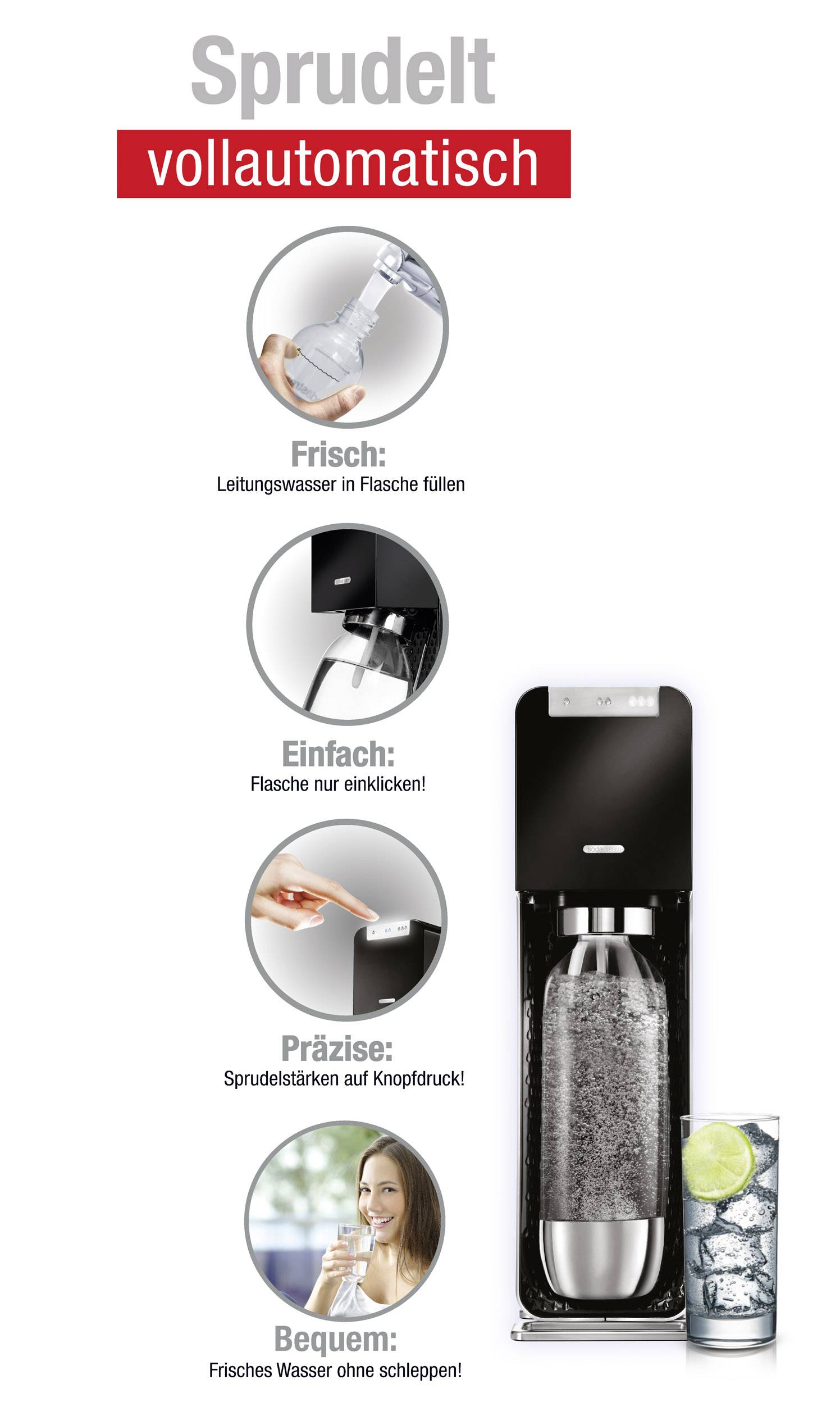 Sodastream Wassersprudler POWER Aluminium, Schwarz inkl. 1 PET-Flasche, und 1 CO2-Zylinder