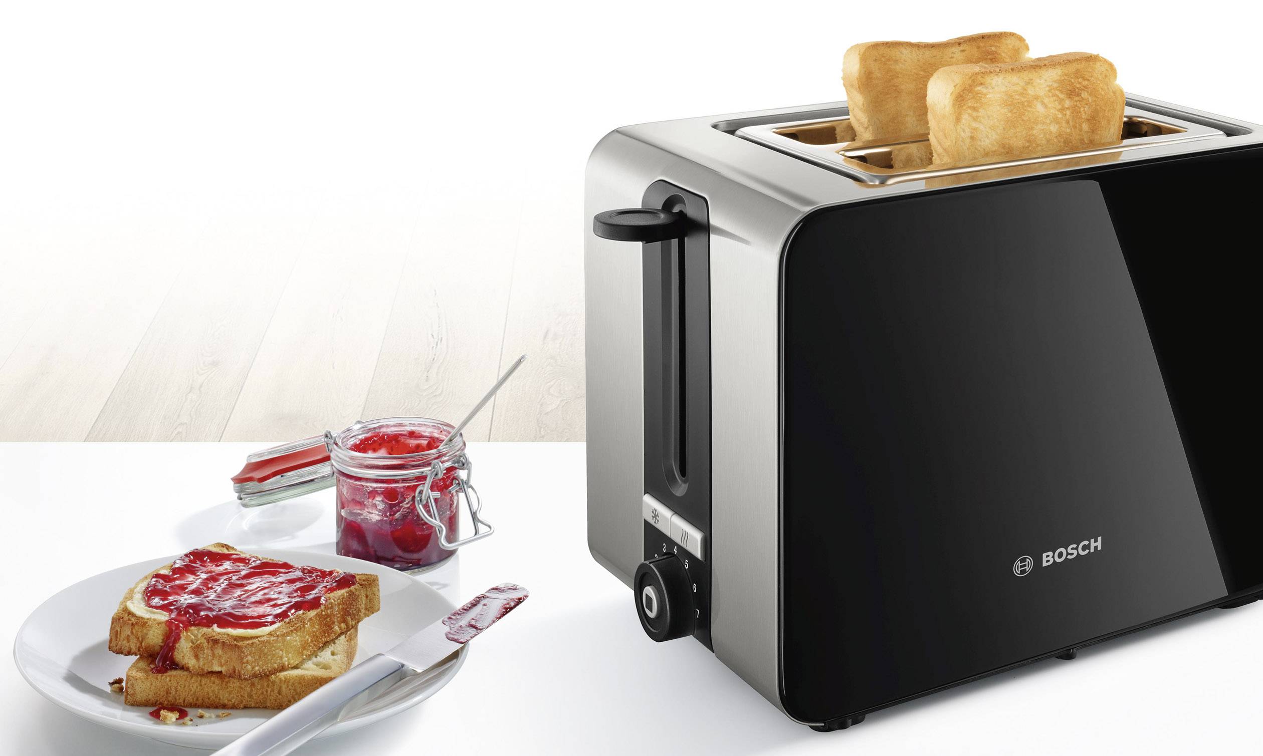 Bosch Haushalt TAT7203 Toaster mit eingebautem Brötchenaufsatz Edelstahl, Schwarz