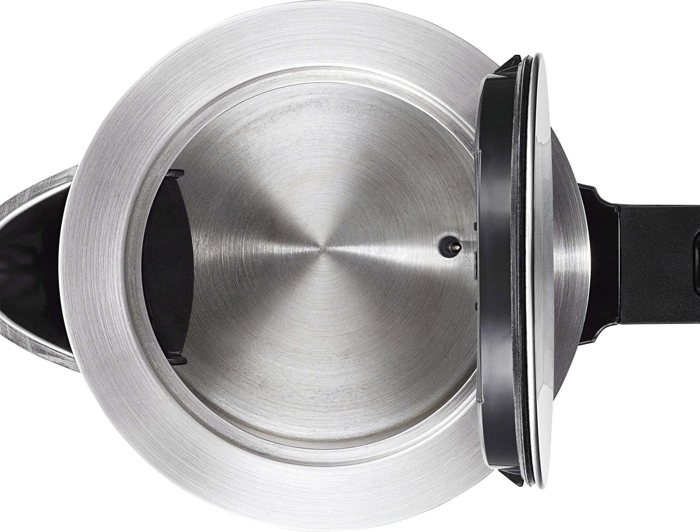 Blick in einen geöffneten, metallischen Wasserkocher von oben. Der Griff und der geöffnete Deckel sind sichtbar.