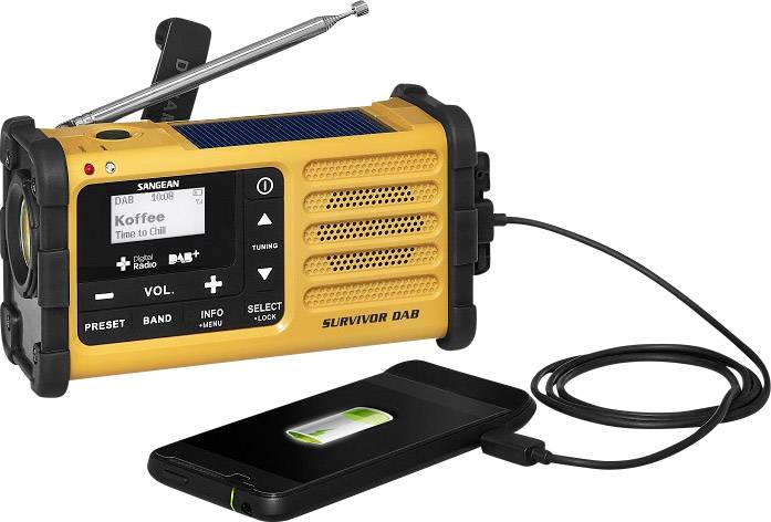 Sangean Survivor DAB Outdoorradio DAB+, UKW Notfallradio Akku-Ladefunktion, Taschenlampe, wiederaufladbar, Handkurbel, Solarpanel Gelb