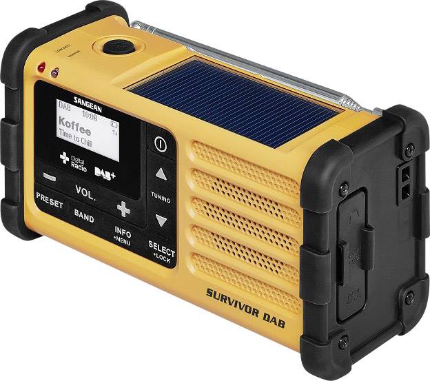 Sangean Survivor DAB Outdoorradio DAB+, UKW Notfallradio Akku-Ladefunktion, Taschenlampe, wiederaufladbar, Handkurbel, Solarpanel Gelb