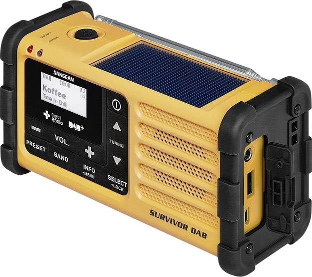 Sangean Survivor DAB Outdoorradio DAB+, UKW Notfallradio Akku-Ladefunktion, Taschenlampe, wiederaufladbar, Handkurbel, Solarpanel Gelb
