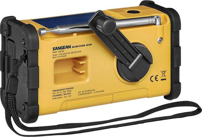 Sangean Survivor DAB Outdoorradio DAB+, UKW Notfallradio Akku-Ladefunktion, Taschenlampe, wiederaufladbar, Handkurbel, Solarpanel Gelb