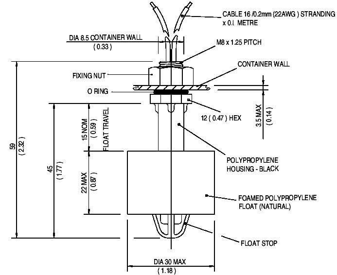 TE Connectivity Sensor VCS-02 Schwimmerschalter 250 V/AC 1A 1 Schließer, 1 Öffner IP65 1St.