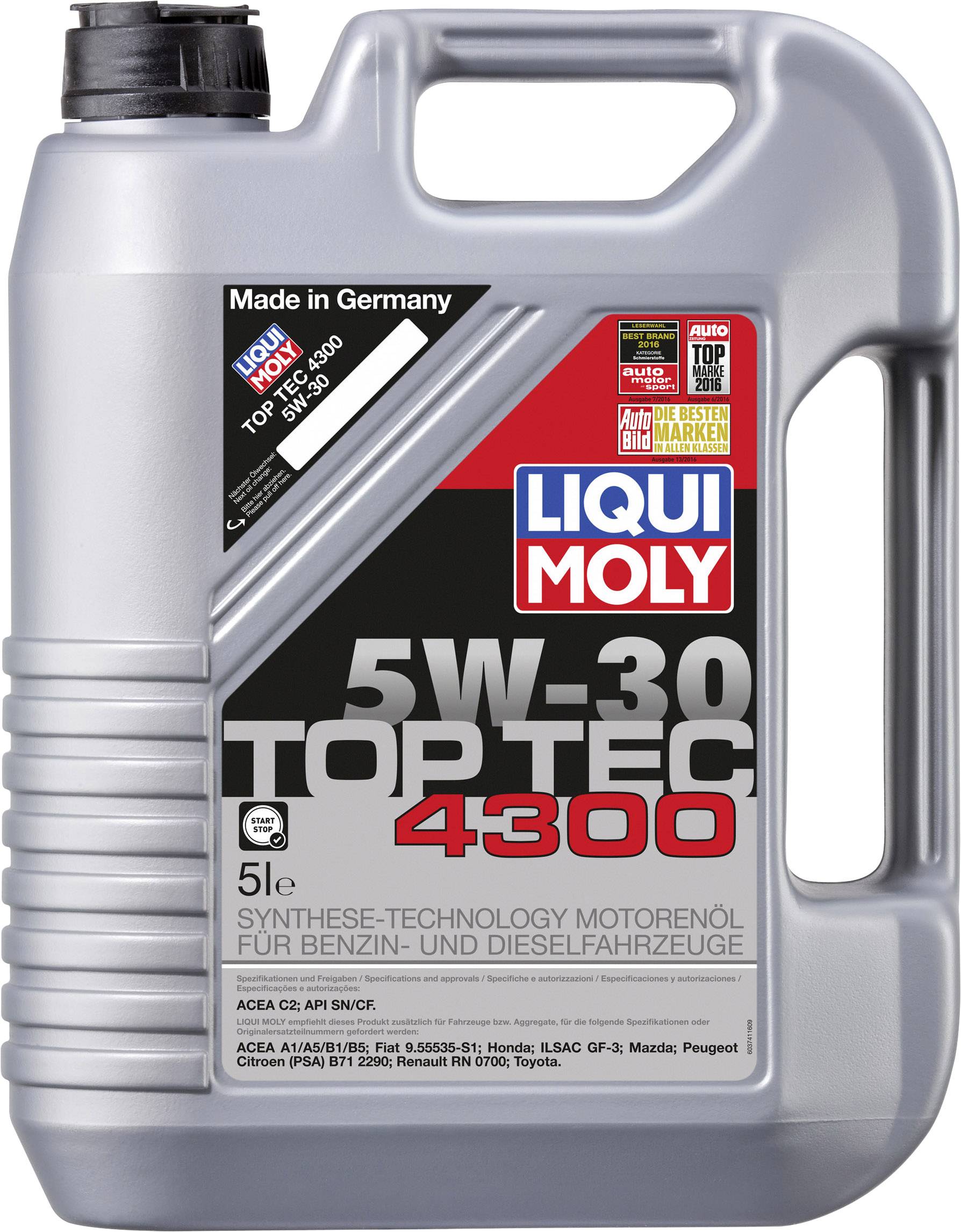 Ein Kanister Liqui Moly Motoröl 5W-30 Top Tec 4300, 5 Liter, für Benzin- und Dieselfahrzeuge.