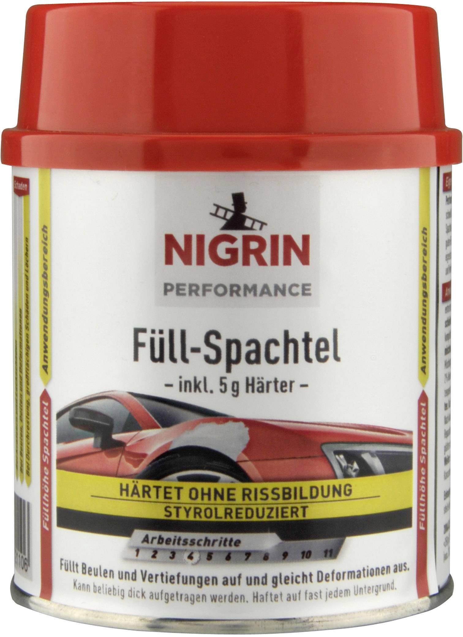 Dose Nigrin Performance Füll-Spachtel mit Härter, für Beulen und Vertiefungen. Auf dem Etikett ein rotes Auto und Anwendungsanleitung.