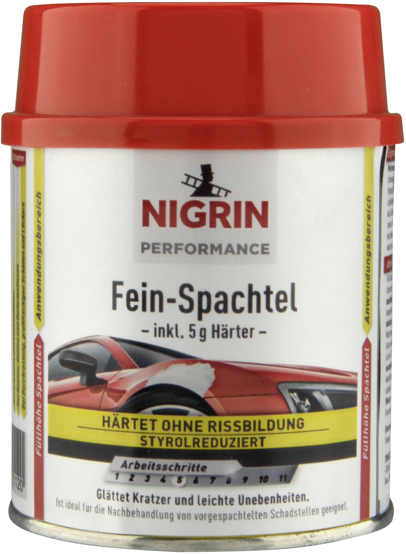 Dose Fein-Spachtel von Nigrin. Enthält 5g Härter. Ideal für das Glätten von Kratzern und Unebenheiten. Styrolreduziert.