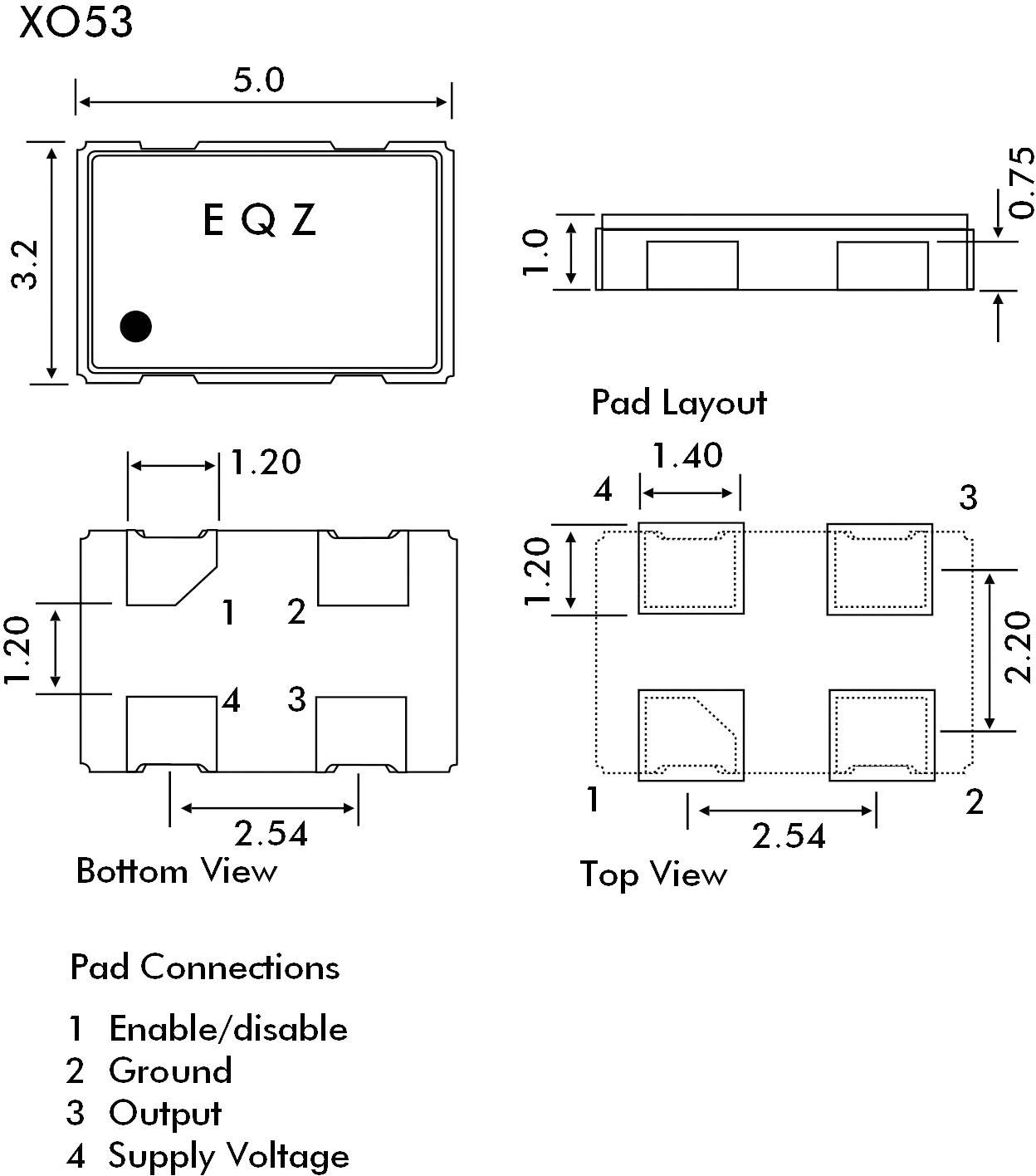 'XO53' Diagramm zeigt die Maße und den Pin-Layout eines elektronischen Bauteils. Kennzeichnet Positionen der Anschlüsse: 'Enable/disable', 'Ground', 'Output', 'Supply Voltage'.