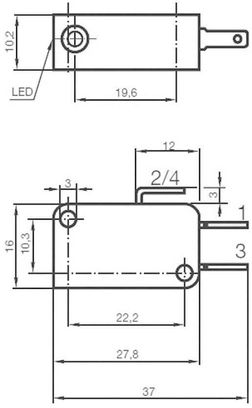 Technische Zeichnung eines rechteckigen Bauteils mit LEDs und Maßen in Millimetern. Zeigt Seiten- und Vorderansicht mit verschiedenen Längen und Abständen.