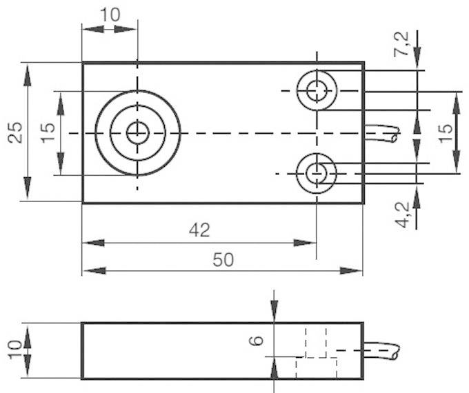 Technische Zeichnung eines Bauteils mit Maßen: Breite 25 mm, Länge 50 mm, Höhe 10 mm. Bohrungen und Abstände sind angegeben.