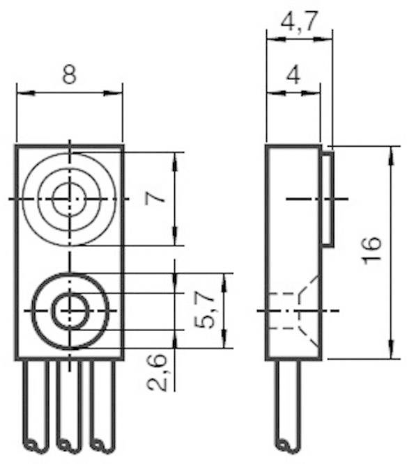 Technische Zeichnung eines elektronischen Bauteils mit Abmessungen: Breite 8 mm, Höhe 16 mm, Tiefe 4,7 mm. Ansichten von vorne und Seite.