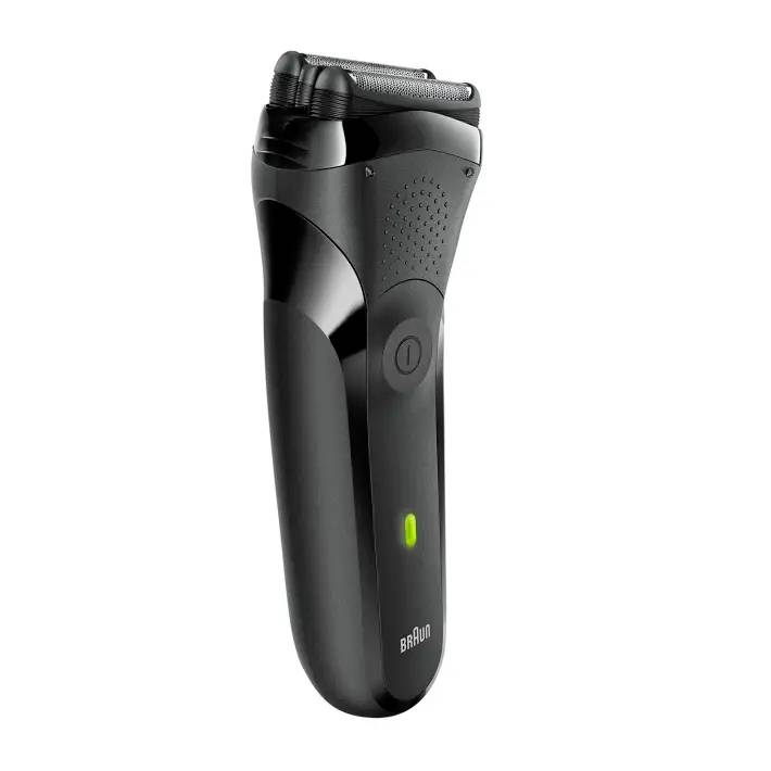 Elektrischer Rasierer mit schwarzem Gehäuse, ergonomischem Design und grünem LED-Anzeigelicht auf der Vorderseite.